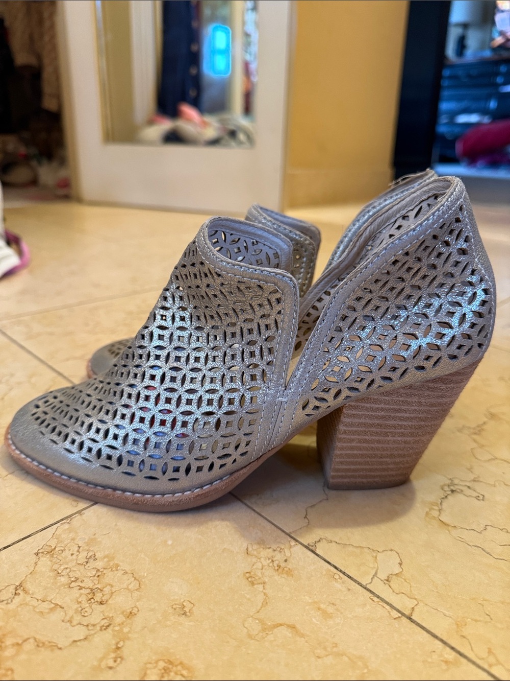 Jeffrey Campbell Metallic gold Laser-Cut Peep-Toe Block Heel Booties s.8